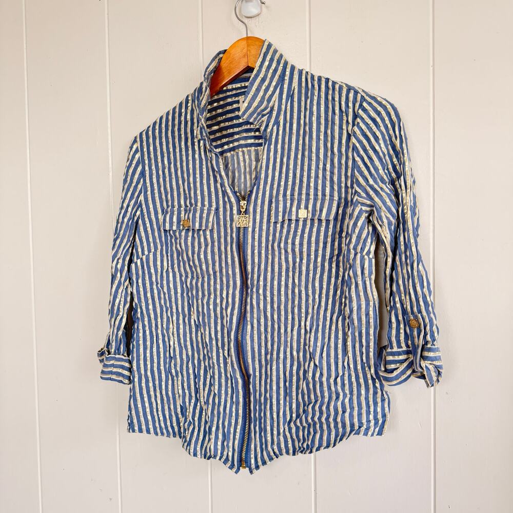 Anne Klein Zip Up 3/4 Sleeve Pin Striped Blouse Mountain Lake Combo Size Medium
